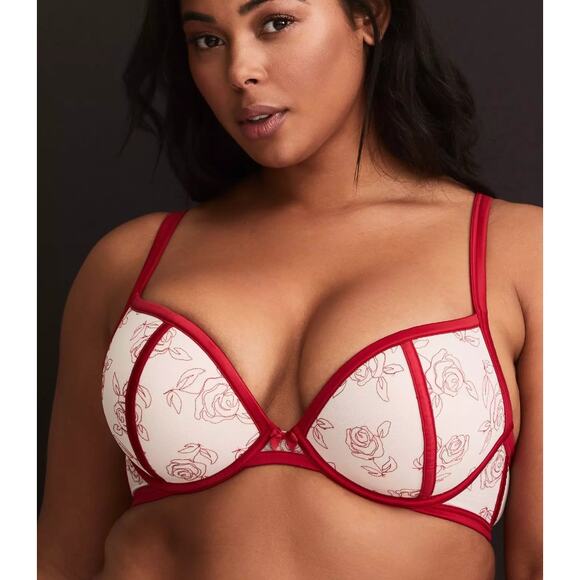 Plunge Push-Up Embroidered Lace Straight Back Bra - 42DDD - :Lipstick Red - Picture 7 of 12